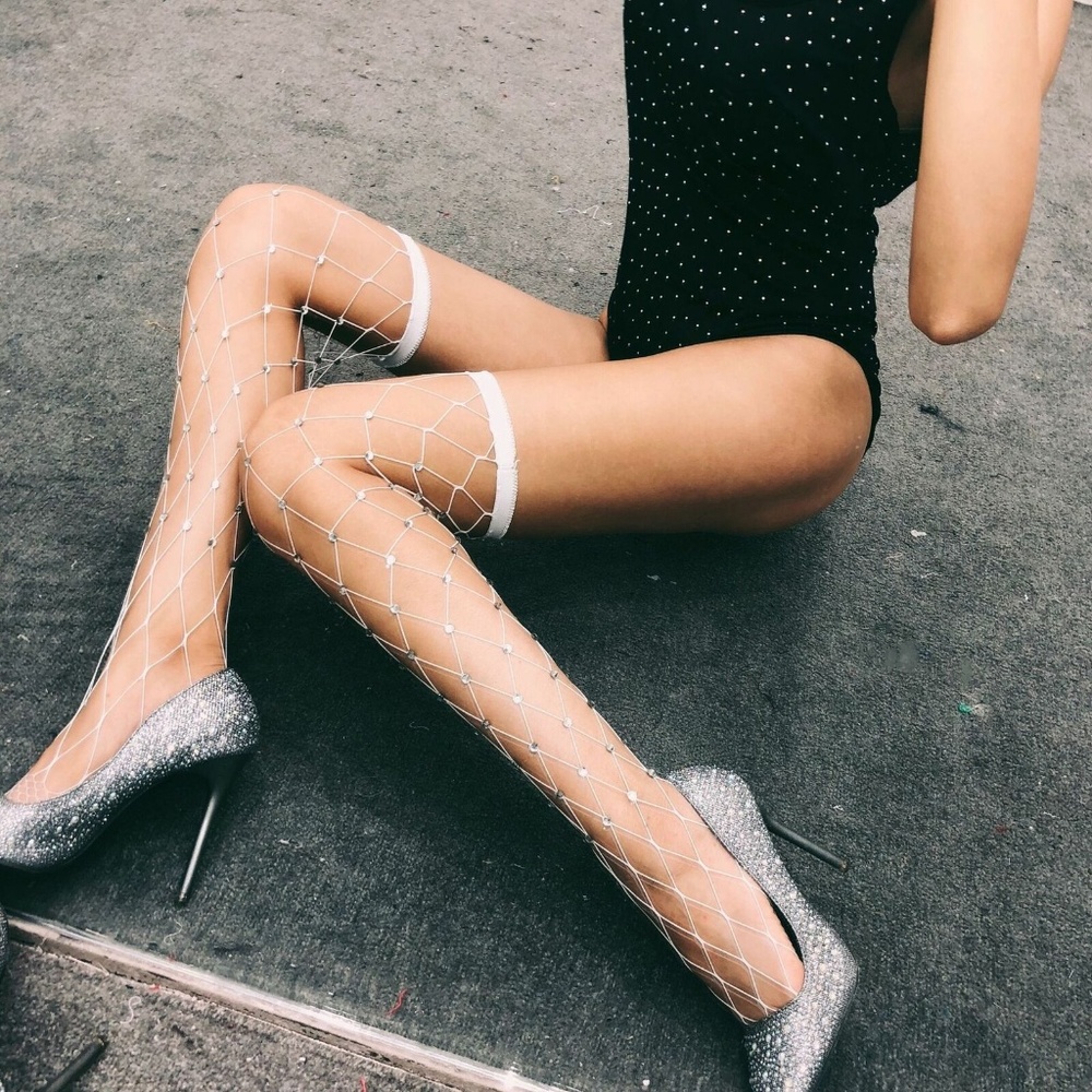 2 Pairs White Crystal Fishnet Stockings Cosplay